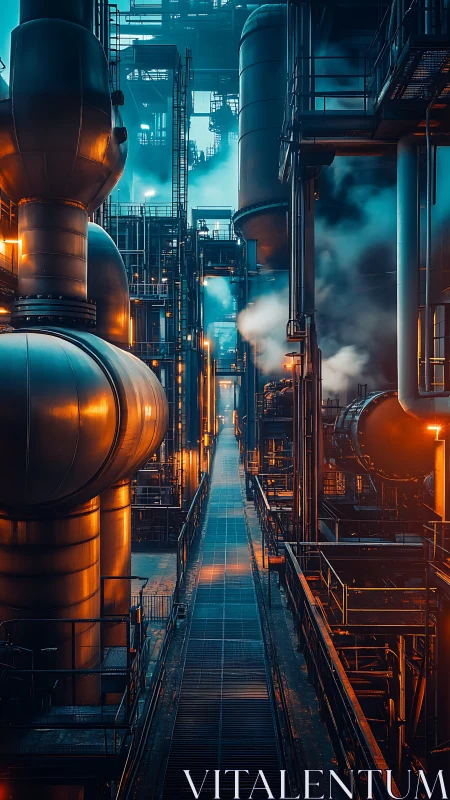 Industrial catwalk piercing neon-steamed refinery nightscape.