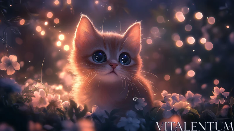 Glowing Cat Among Flowers in Enchanted Garden.