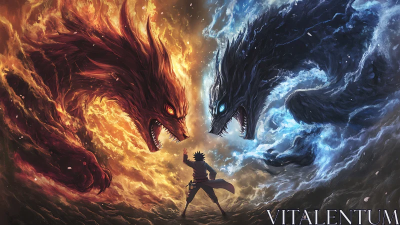 Elemental fire and ice wolf titans confronting lone warrior