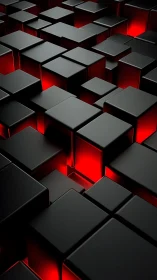 Black geometric cubes with red underlighting in tight grid.