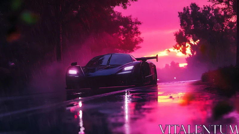Neon storm racer slices through a rain-soaked magenta dusk.