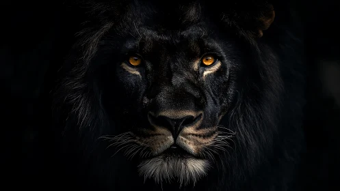 Low key optical portrait of dark-maned lion in frontal view.