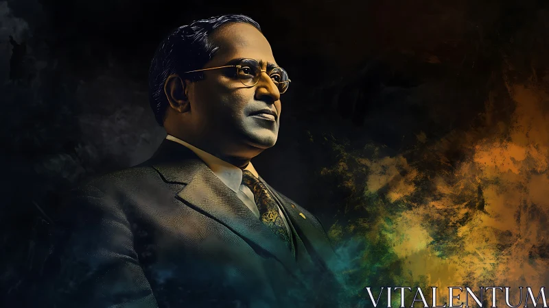 Digital portrait shows suited man against abstract color field