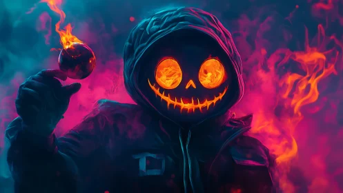 Fiery pumpkin skull figure in hooded jacket amid neon smoke.