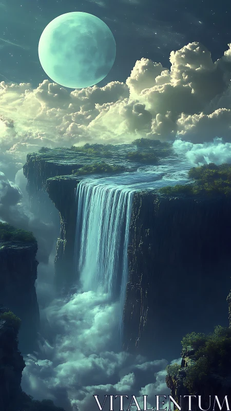 Moonlit vertical waterfall descends from cliff into dense clouds