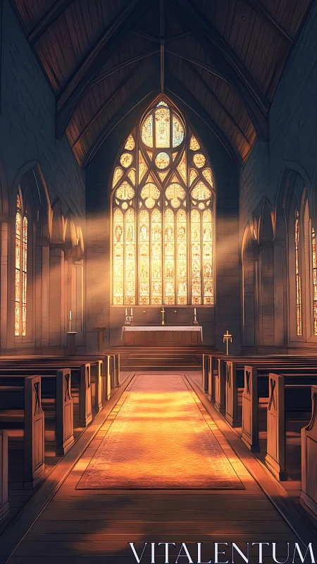 Sunlit cathedral aisle glows beneath radiant stained glass.
