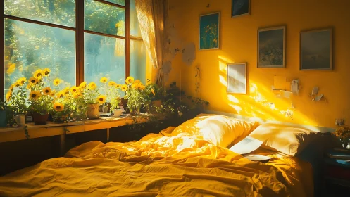 Bedroom interior with yellow bedding and sunlit window plants.