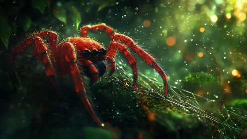 Crimson rainforest spider on dewy web with cinematic bokeh.