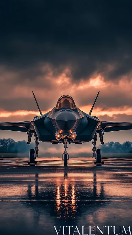 Dawnlit stealth jet waits like a metallic stormbird poised.