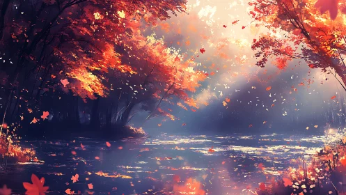 Autumn river glows beneath drifting leaves and soft light