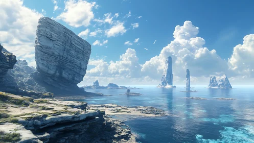 Monolithic Coastal Formations: Towering Rock Pillars in Cerulean Waters