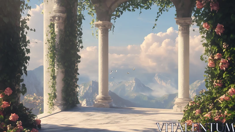 Sunlit marble terrace overlooks distant misty mountains