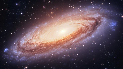 Spiral galaxy with bright core and dense star field in space.