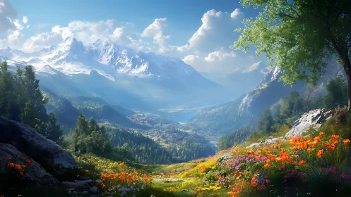 Sunlit alpine valley with wildflower meadow and peaks.