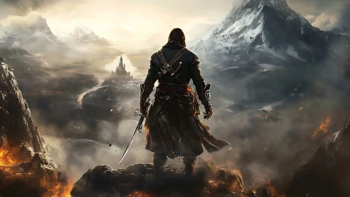 Lone armored wanderer overlooks distant castle valley.