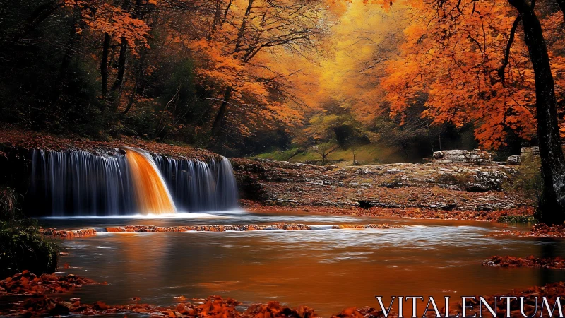 Autumn forest waterfall pours into smooth reflective river