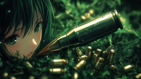 Anime character beside large bullet and scattered ammo.