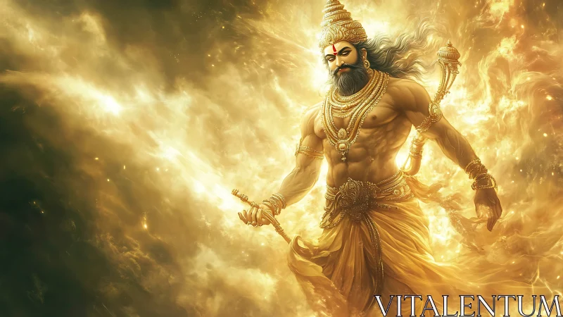 Mythic celestial warrior in radiative golden plasma field.