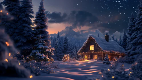 Snow-laden cabin glows under starry twilight in stylized 3D render