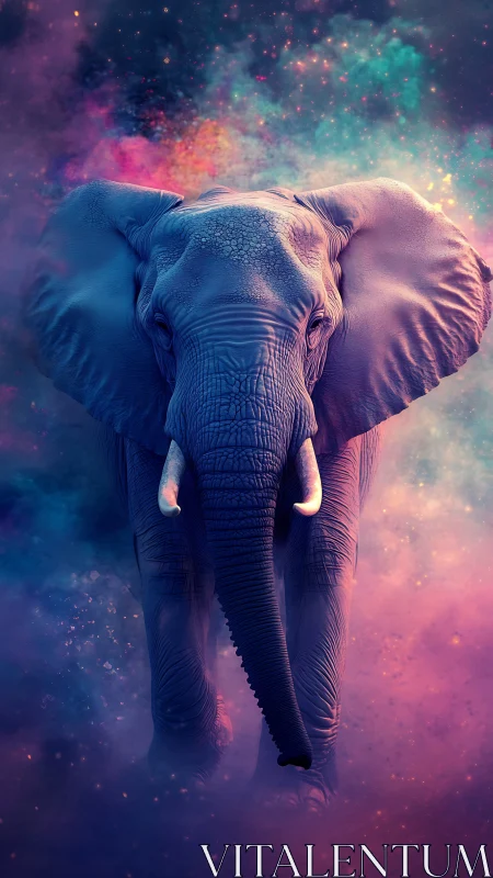 Elephant rendered in colorful cosmic nebula environment.