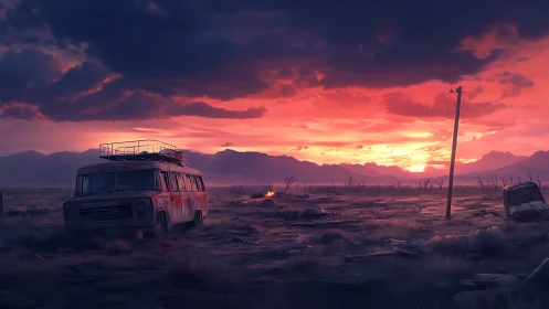 Rusting desert bus under apocalyptic crimson sunset sky.