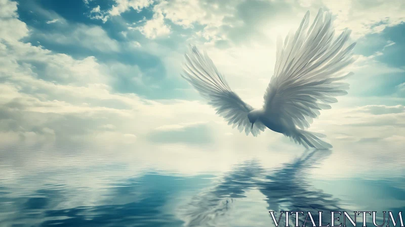 Radiant white dove descends over mirrored ocean horizon
