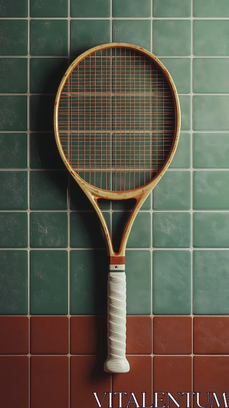 Vintage tennis racket rests against tiled green wall.