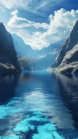 Glacier-brewed sapphire fjord dreaming under towering stone.