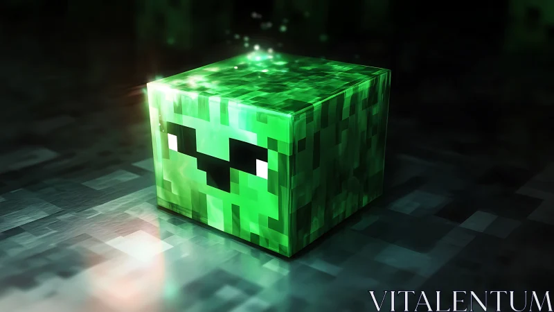 Glowing voxel creeper cube rendered with cinematic 3D lighting