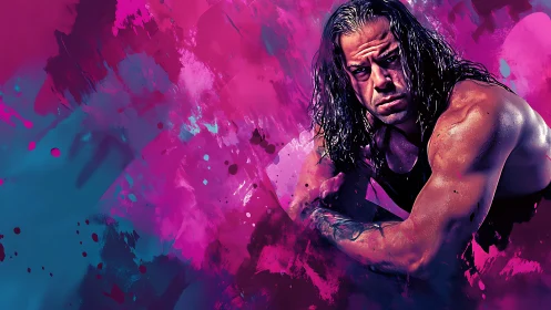 Muscular male figure against abstract magenta and cyan field.