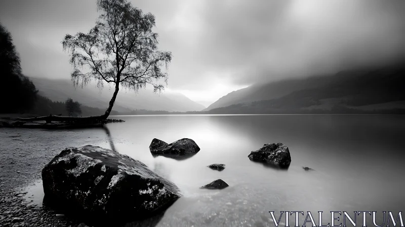 Quiet misty lakeside tree sharing a peaceful, gentle hush.