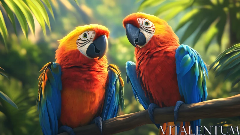 Two Vibrant Macaws on Tree Branch in Lush Jungle, Realistic Art.
