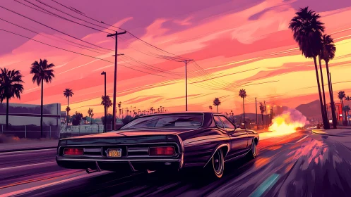 Muscle car streaks through neon sunset boulevard, vaporwave glow.
