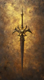 Ornate dark sword centered on textured gold backdrop.