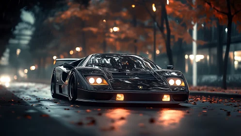 Black supercar idles under rain on autumn city street