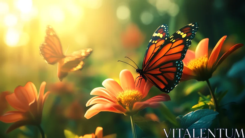 Digital painting of monarch butterflies on sunlit garden blooms.