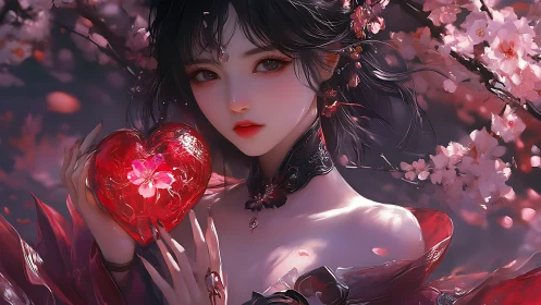 Cherry blossom sorceress holds a glowing crystal heart