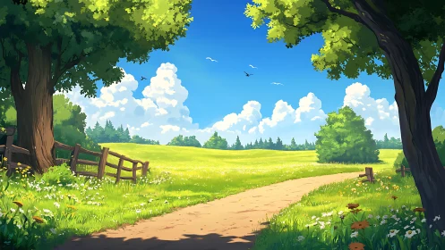 Sunlit country path through flowering meadow and oak trees