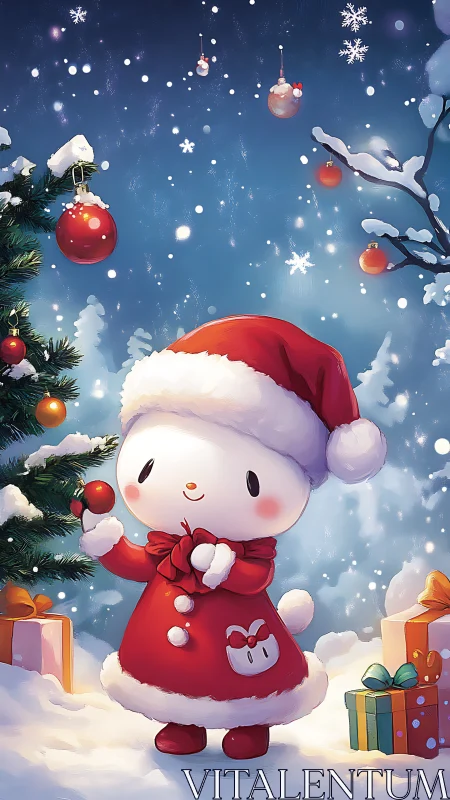 Cute chibi Santa character decorates snowy tree with baubles