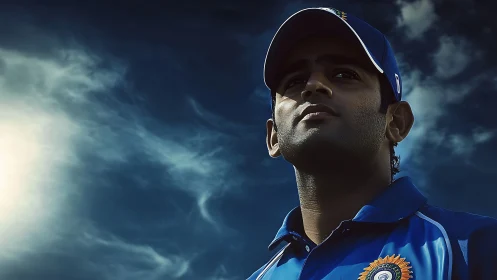 Sunlit cricketer gazing toward a bold, stormy sky.