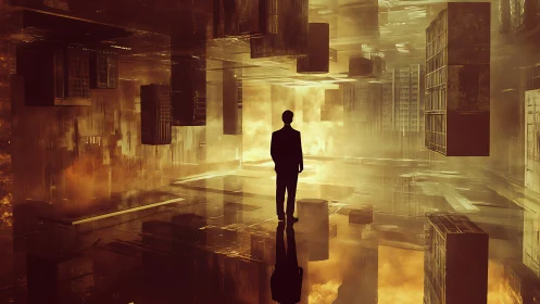 Solitary figure surveys inverted golden cityscape corridor