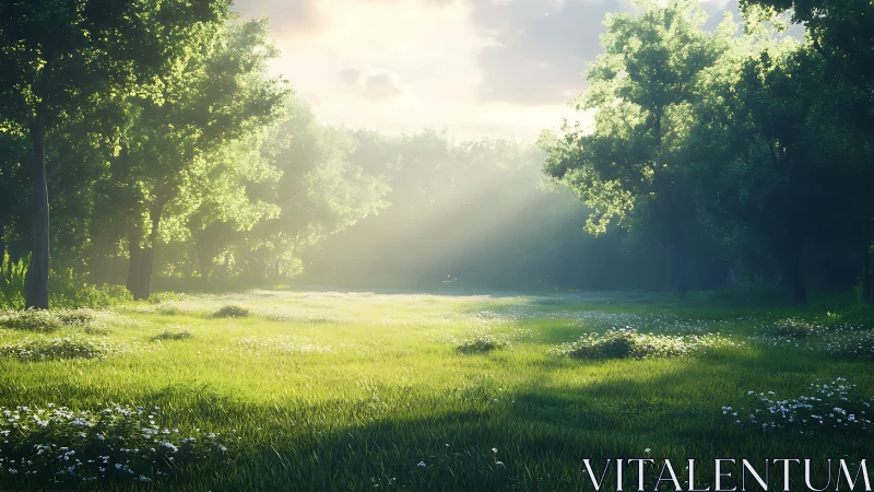 Soft morning sunbeams drifting across a quiet green meadow.