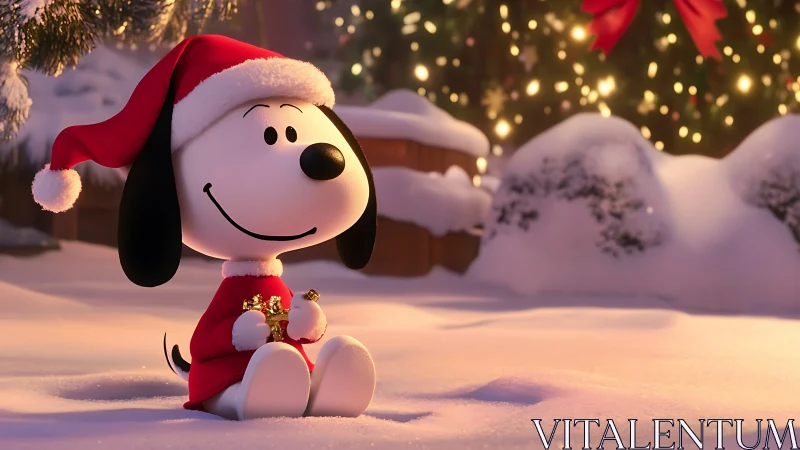 Cartoon dog in Santa outfit sits in snowy Christmas garden