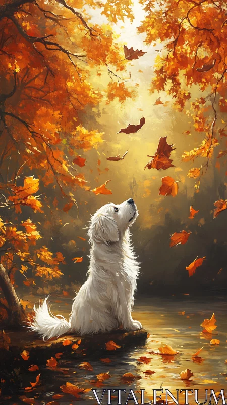 White dog by autumn forest pond under falling leaves.