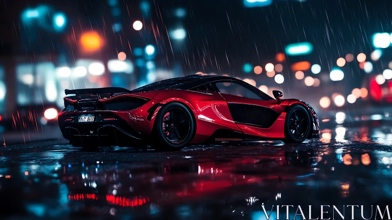 Red supercar stands in wet city street during heavy rain