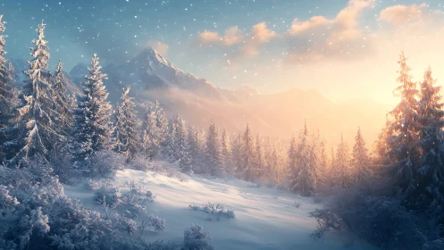 Snow-covered conifer forest extends toward distant mountain ridge