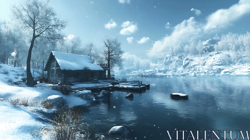 Snow loaded lakeside cabin rendered with high dynamic range lighting