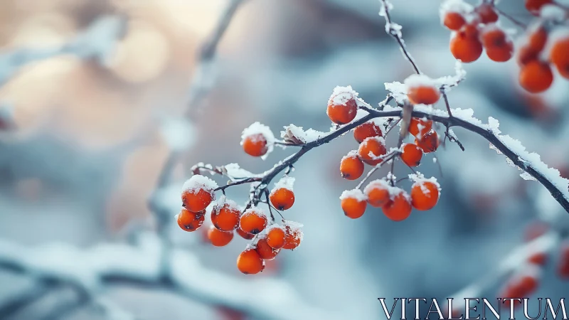 Orange winter berries under soft snow and cool bokeh glow.