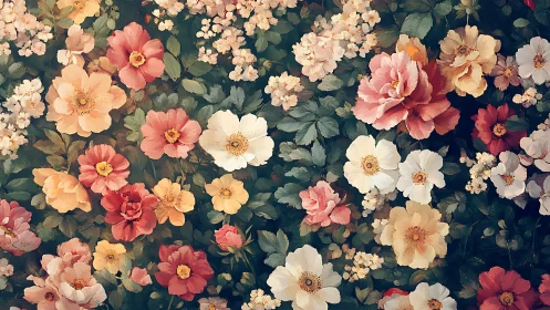 Dense floral arrangement with layered petals, varied bloom stages