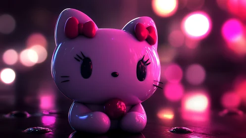 Shiny pink kitty figurine glowing in dreamy city lights.